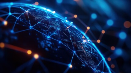 Poster - Digital globe with network connections and glowing nodes on black background.