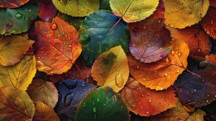 Wall Mural - Vibrant close-up of fall leaves in a seasonal landscape.