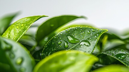 Wall Mural - Close-up of dew drops on vibrant green tea leaves, showcasing the beauty of nature's simplicity.