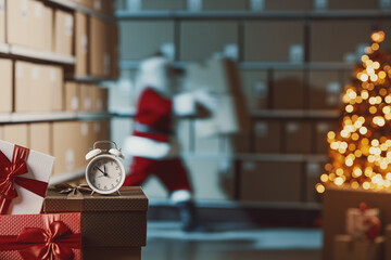 Santa Claus in the warehouse on Christmas Eve