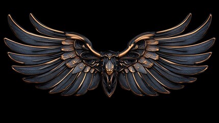 a pair of metallic wings with a black and gold finish are spread wide, isolated on a black backgroun