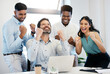 © peopleimages.com - Business people, celebration and laptop with stock market growth, success and excited from win. Deal, trading and finance investment with profit, promotion and good news with tech, fist and teamwork