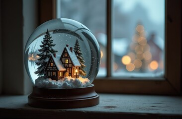 Wall Mural - A snow globe with a half-timbered house stands on the windowsill. Outside the window is a winter street decorated for Christmas