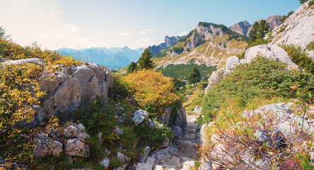 Wall Mural - adventurous hiking trail rofan alps, austrian landscape in october