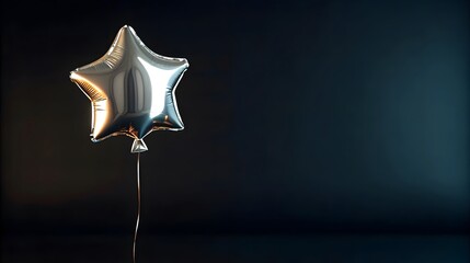 A silver star-shaped balloon floating on an isolated black background, shimmering under soft light.