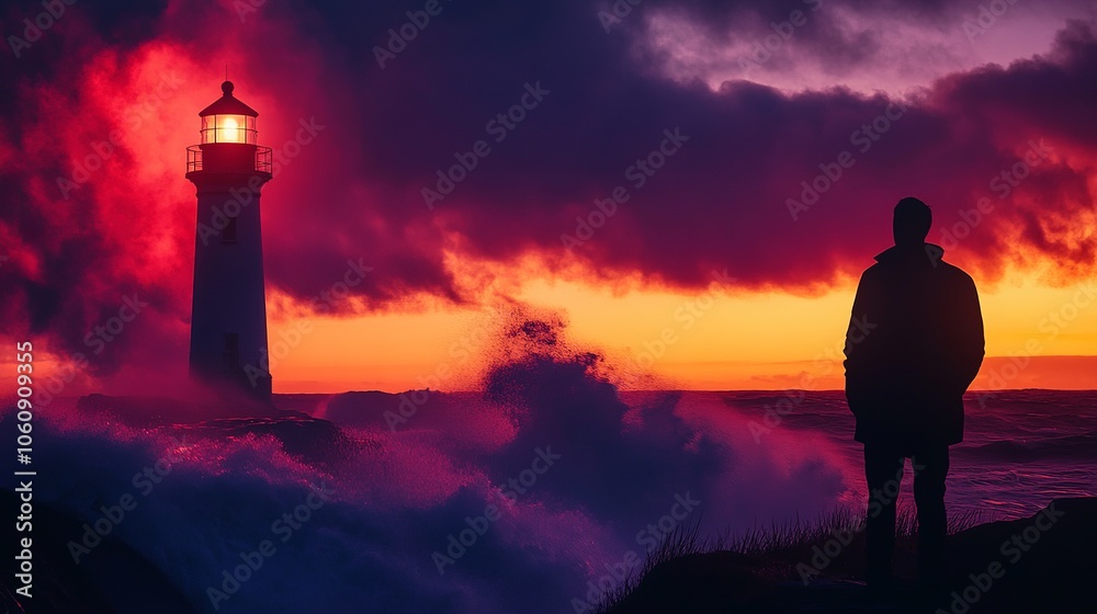 A lone man silhouetted against a dramatic sunset, gazing towards a ...