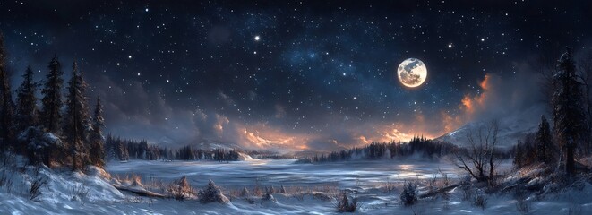 winter solstice magic, winter solstices enchantment snowy night, starry sky, full moon and milky way sparkle over the landscape