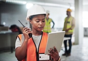 Poster - woman, radio and tablet in construction site as engineer, supervisor or project manager on property.