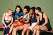 © peopleimages.com - Basketball, friends and girls with phone for sports, social media or show game results online. Mobile, ball and group of women outdoor together on training break, fitness and team exercise on bench