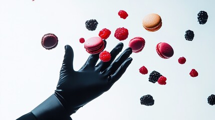 A whimsical image showcasing the hand of a magician in a sleek black glove, conjuring a swirling vortex of macarons and berries, each element suspended in mid-air