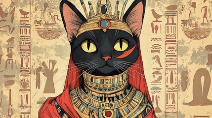 A whimsical drawing of a cat wearing a Cleopatra-style outfit, featuring a detailed collar, crown, and eyeliner, with hieroglyphics in the background