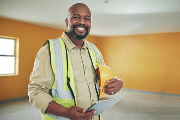 Poster - black man, smile and tablet in construction site as engineer, supervisor or project manager on prope