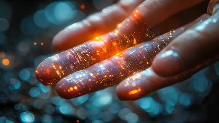 Poster - Detailed shot of fingers illuminated with bright data particles, symbolizing digital interaction, technology, and futuristic design