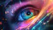 © Vilaphon  - A trippy psychedelic background with a woman's eyeball at the center, enveloped in bright neon data patterns and flowing vivid colors, evoking a surreal and mesmerizing effect