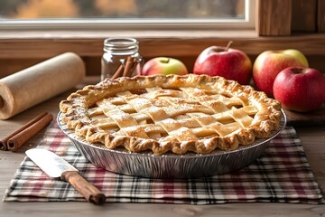 Delicious homemade apple pie with lattice crust and fresh red apples on checkered cloth