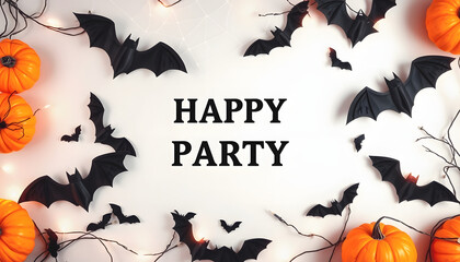 Halloween party decorations frame from bats, spider web top view. Happy halloween holiday greeting card flat lay style isolated with white shades, png