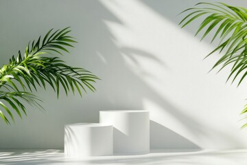 Wall Mural - Minimalist podium mockups with cylindrical platforms and greenery against a light gray wall backdrop