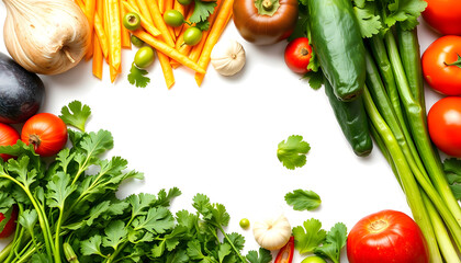 Organic fresh raw vegetables flatlay. Healthy food cooking background with various vegetable salad ingredients.  Vegetarian fresh raw food concept. Top view, copy space isolated with white highlight