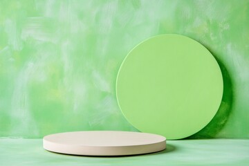 Wall Mural - Minimalist podium mockups featuring circular platforms on a pastel green background with abstract shapes