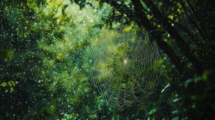 Spider web with dew drops in rain forest, natural background.