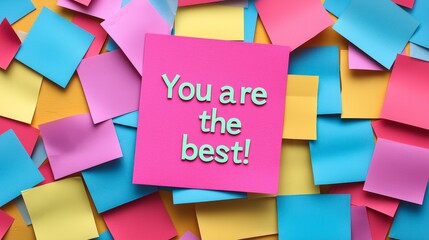 A vibrant pink note reads 'You are the best!' surrounded by a collage of colorful sticky notes, creating an inspiring and uplifting atmosphere.