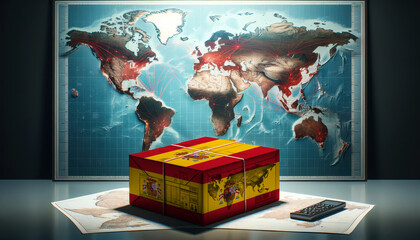 A Spain branded box rests on a table, with a world map featuring highlighted trade routes in the background, symbolizing international logistics and commerce.