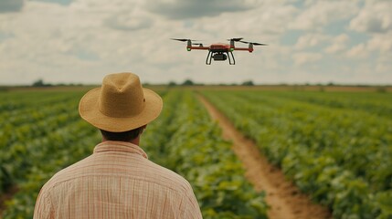 A male farmer, seen from behind, watches intently as an agricultural drone flies over his sweet potato crops, releasing fertilizer and pesticides