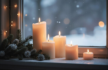 Wall Mural - white candles and fir tree branches on the windowsill at day time in the winter