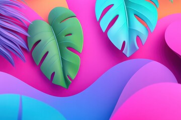 Poster - Vibrant tropical leaves in shades of green and turquoise against a bright pink background, creating a lively atmosphere.