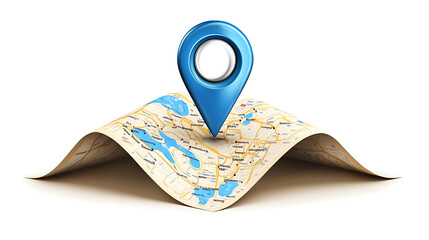 Poster - 3D Location Folded Paper Map, Search Bar and Pin Isolated, Blue GPS Pointer Marker Icon, GPS and Navigation Symbol, Element for Map, Social Media, Mobile Apps, Realistic Vector Illustration