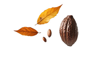 Wall Mural - Falling ripe Cocoa with bean and leaf in the air isolated on background, dried fruit ingredients for cooking.