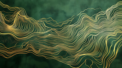 Leinwandbilder - Abstract gold topographic lines on a green background, Golden line waves topographical design, Geographic mountain contours Vector Illustration
