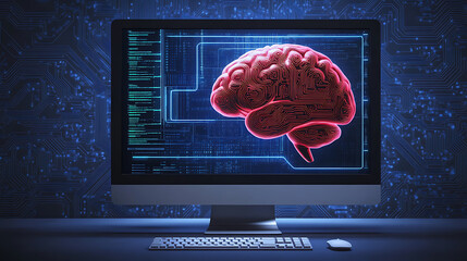 Poster - a computer and brain on dark backgrounds with a blue light