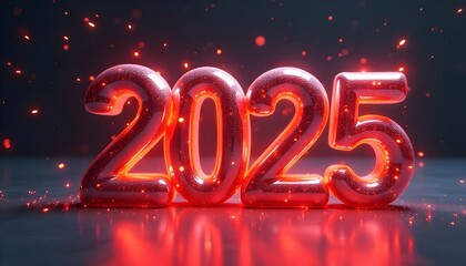 Happy New Year 2025 number, glowing red numbers, with sparkles on a dark background, for greeting card, billboard, flyer and Web banner