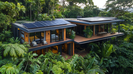 Poster - A modern eco, friendly house with solar panels on the roof, surrounded by lush greenery, exemplifying sustainable living and energy efficiency in architecture