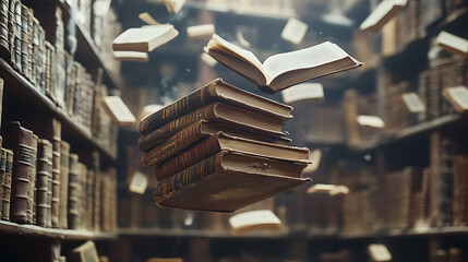 Poster - A stack of old books and flying book pages against the background of the shelves in the library, Ancient books historical background, Retro style, Conceptual background on history, education topics
