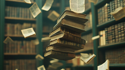 Poster - A stack of old books and flying book pages against the background of the shelves in the library, Ancient books historical background, Retro style, Conceptual background on history, education topics