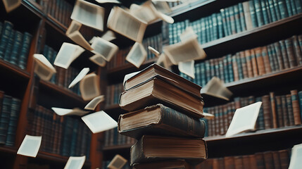 Poster - A stack of old books and flying book pages against the background of the shelves in the library, Ancient books historical background, Retro style, Conceptual background on history, education topics