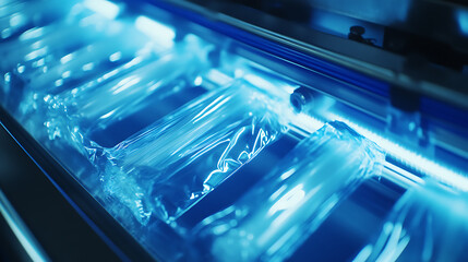 Fototapete - Automatic polyethylene plastic bag production machine with lighting effect, Close, up of the roller of the plastic bag production machine in the light blue scene, product packaging concept
