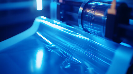 Aufkleber - Automatic polyethylene plastic bag production machine with lighting effect, Close, up of the roller of the plastic bag production machine in the light blue scene, product packaging concept