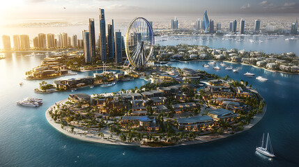 Aufkleber - Bluewaters island and Ain Dubai ferris wheel on in Dubai, United Arab Emirates aerial view, New leisure and residential area in Dubai marina area