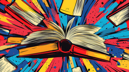 Poster - Books graphic background in comic pop art style, colorful comic abstract background template