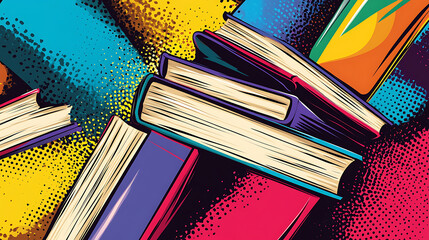 Poster - Books graphic background in comic pop art style, colorful comic abstract background template
