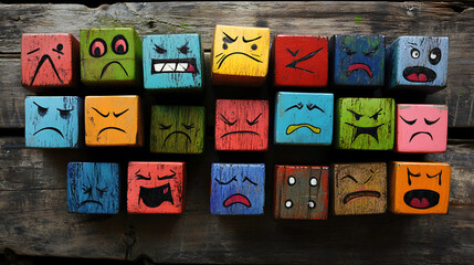 Leinwandbilder - concept of Different emotions drawn on colorful cubes, wooden background