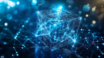 Poster - Cube technology on Converging point of circuit with Abstract blue background, Blockchain Network System, Big data storage processing, Cloud data, Internet Security, and Digital Technology, 3D render