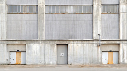 Poster - Details of gray facade made of aluminum panels with doors and windows on industrial building