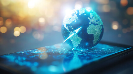 Aufkleber - Digital world emerging from smartphone with GPS arrow pointing forward, blending reality and technology