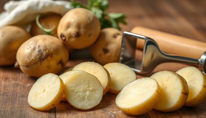 Fresh raw potatoes and peeler on table, closeup isolated with white shades, png