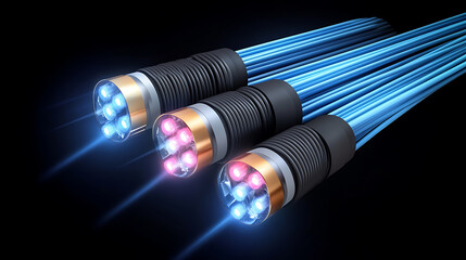Poster - Fiber optic cable technology vector design of internet, network, speed data connection and telecommunication, Multi fiber wire with cores in color jackets and blue neon lines, communication networking