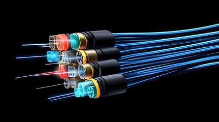 Poster - Fiber optic cable technology vector design of internet, network, speed data connection and telecommunication, Multi fiber wire with cores in color jackets and blue neon lines, communication networking